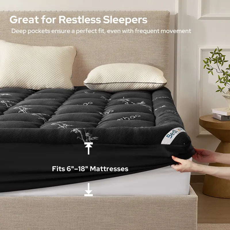 【Bedlore】Bamboo Cooling Mattress Topper with Fitted Sheet, Thick Luxury Comfort Layer, Breathable & Soft on Skin, Deep Pocket Design, Machine Washable, Ideal for Bedroom & Home Use Homeessentials