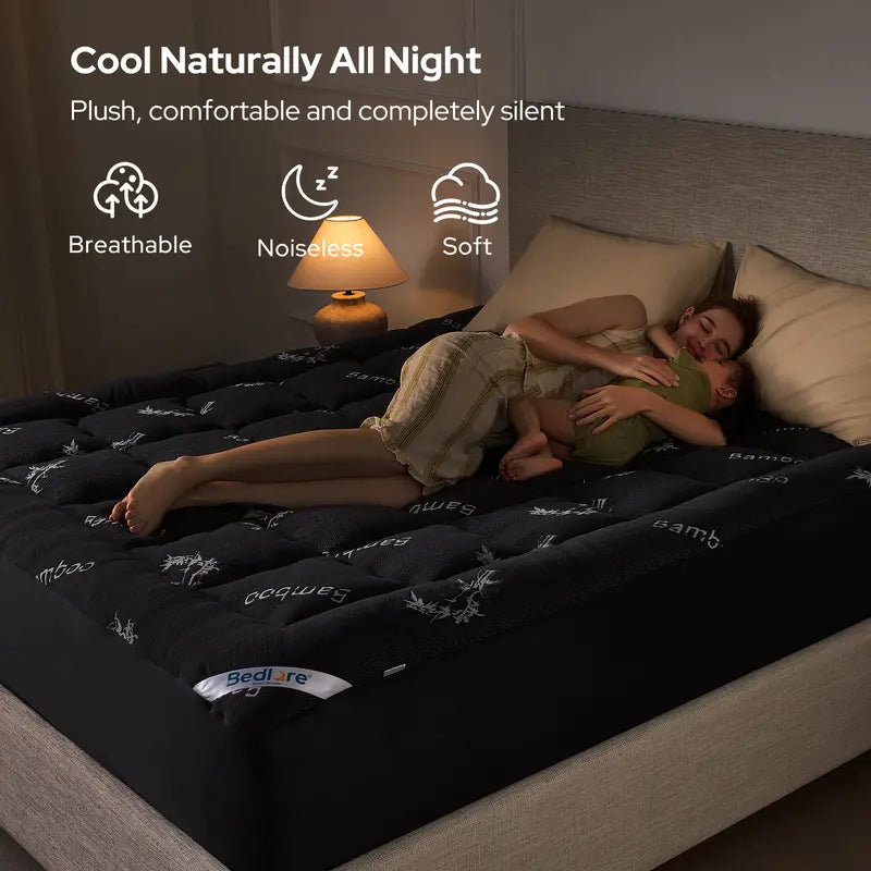 【Bedlore】Bamboo Cooling Mattress Topper with Fitted Sheet, Thick Luxury Comfort Layer, Breathable & Soft on Skin, Deep Pocket Design, Machine Washable, Ideal for Bedroom & Home Use Homeessentials