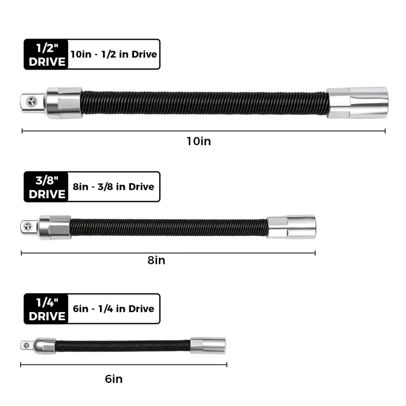 GJANSH Flexible Socket Extension Bar Set 3-Piece 1/2" 3/8" 1/4" Shaft Drive 10" 8" 6"-Spring-Loaded Detent Balls to Prevent Slipping,