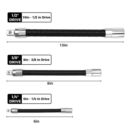 GJANSH Flexible Socket Extension Bar Set 3-Piece 1/2" 3/8" 1/4" Shaft Drive 10" 8" 6"-Spring-Loaded Detent Balls to Prevent Slipping,