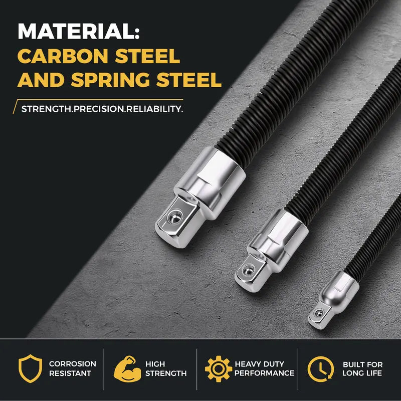 GJANSH Flexible Socket Extension Bar Set 3-Piece 1/2" 3/8" 1/4" Shaft Drive 10" 8" 6"-Spring-Loaded Detent Balls to Prevent Slipping,