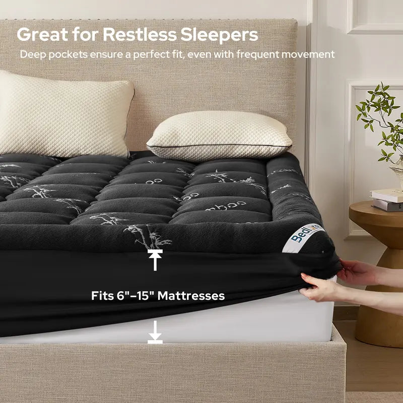 【Bedlore】Bamboo Cooling Mattress Topper with Fitted Sheet, Thick Luxury Comfort Layer, Breathable & Soft on Skin, Deep Pocket Design, Machine Washable, Ideal for Bedroom & Home Use Homeessentials