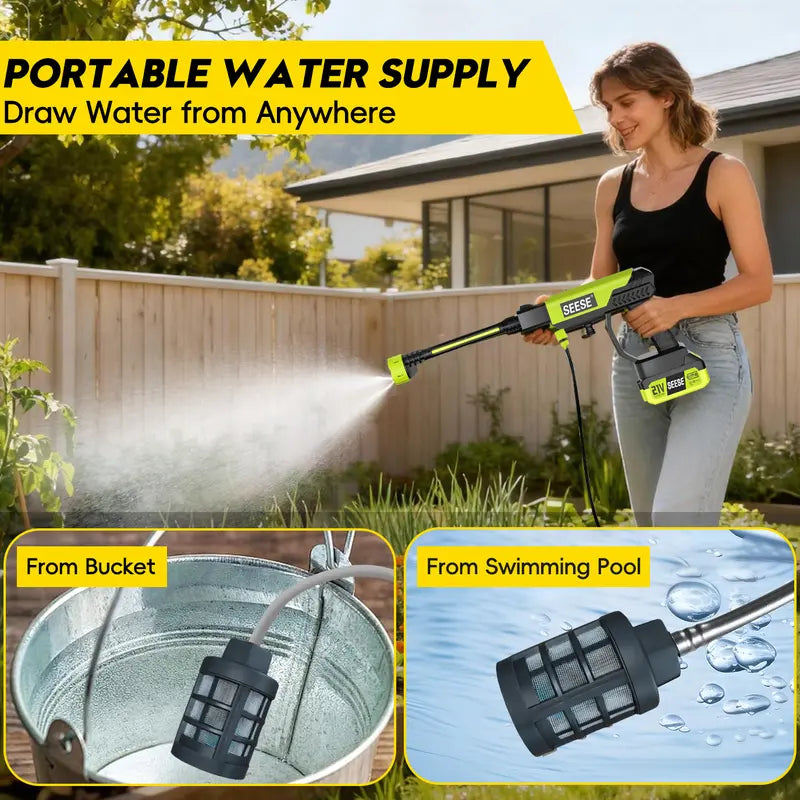 SEESE Cordless Pressure Washer Gun, 1000 PSI Portable Electric Washer for Vehicle, Driveway & Deck - Ergonomic Handle Design with 30Min Runtime & 6-In-1 Nozzle