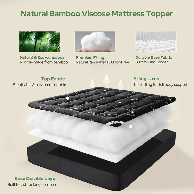 【Bedlore】Bamboo Cooling Mattress Topper with Fitted Sheet, Thick Luxury Comfort Layer, Breathable & Soft on Skin, Deep Pocket Design, Machine Washable, Ideal for Bedroom & Home Use Homeessentials